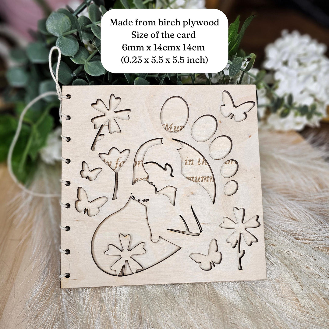 Personalised Mother’s Day Wooden Card with Footprint Cutout – Unique Gift for First Time Moms, New Mums, and Grandmothers