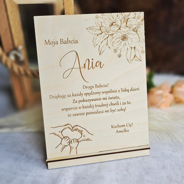 Polish Dzien Babci i Dziadka Wooden Sign Keepsake with Personalised Wishes and Romantic Floral and Holding Hands Touch, Grandparents Gift