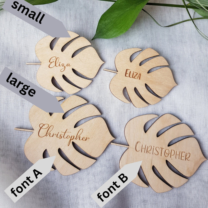 Wooden Monstera Leaf Name Place Setting - Rustic Table Cards for Weddings, Family Gatherings, Parties, Thanksgiving Dinner and Events