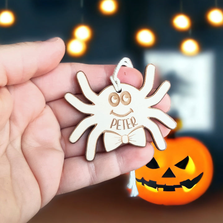 Personalised Halloween Spider Name Tag – Wooden Trick or Treat Bag Tag