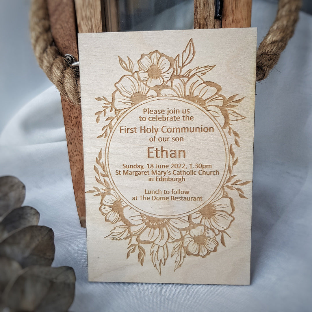 Personalised Wooden Invitation First Holy Communion -Elegant Rustic - Floral wreath design