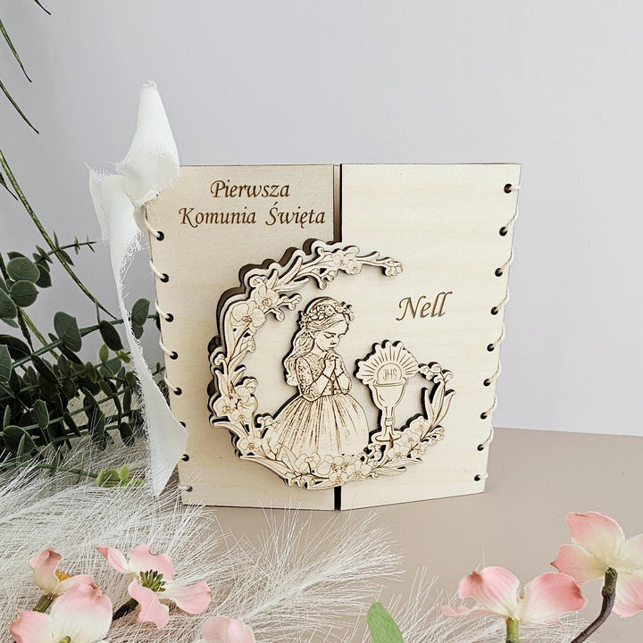 First Holy Communion Wooden Card – Personalised Engraved Keepsake for Girl