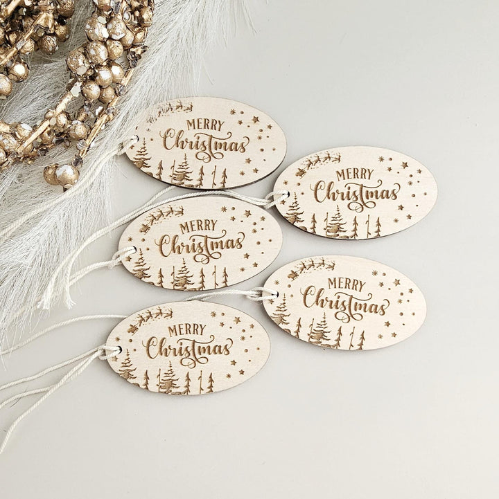 Personalized Wooden Christmas Gift Tags Set of 5 - Santa Sleigh Labels for Wrapping Presents
