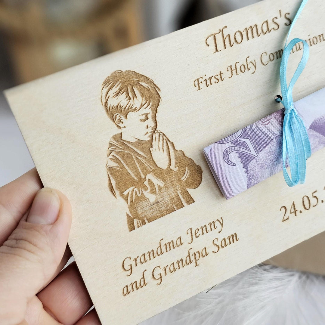 Personalised First Holy Communion Wooden Money Card - Praying Boy