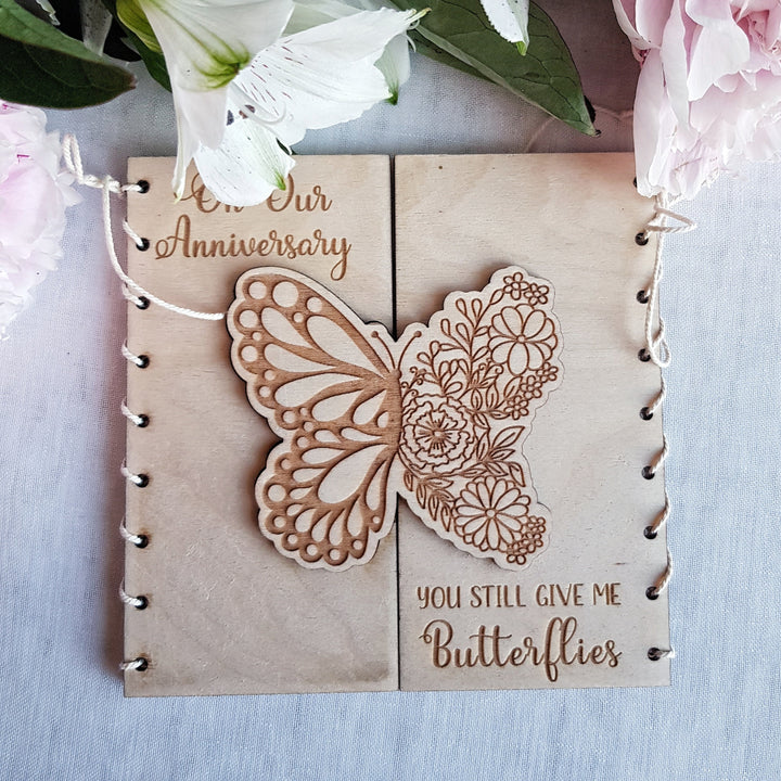 Personalised Anniversary Card - 'You Still Give Me Butterflies' Boho Butterfly - Rustic Wooden Keepsake Gift, Couple Gift