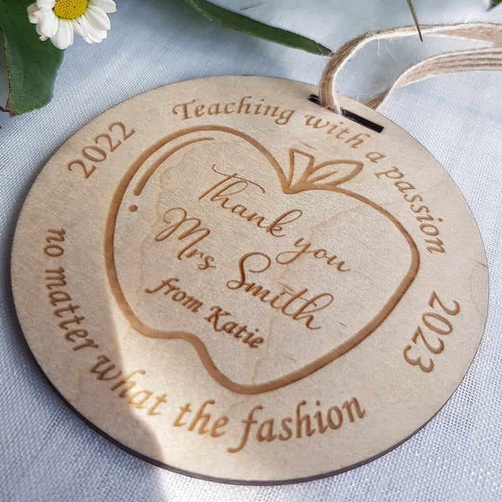 Thank your teacher wooden pendant, personalised hanging keepsake, teacher appreciation gift, end of school medal