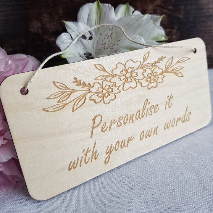 Personalised Floral Wreath Wooden Plaque: Rustic Laser Engraved Sign