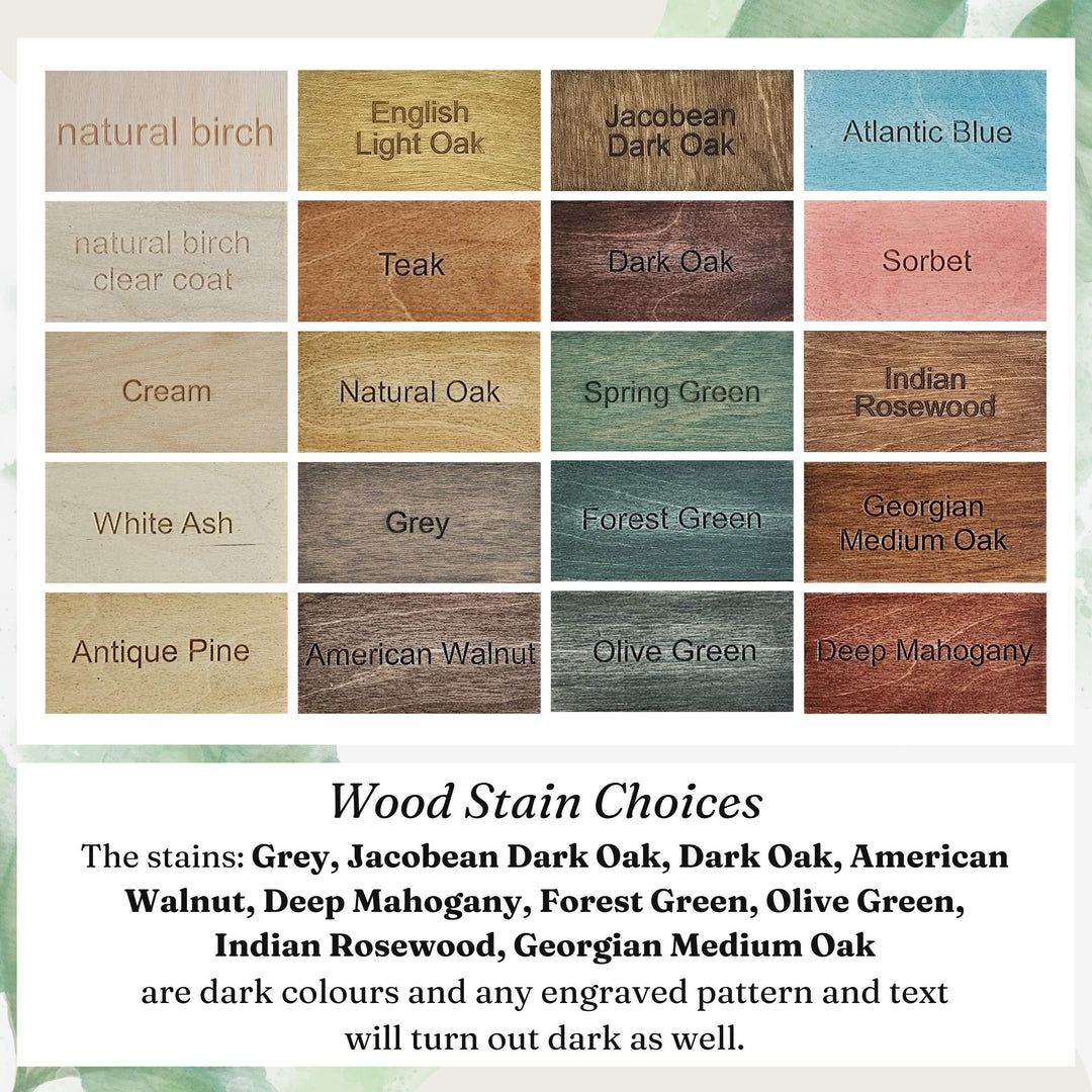 a collection of wood stain choices, including natural birches, light oak, jacobean dark oak, dark oak, sherry, cream, natural oak, spring green, Indian rosewood, Georgian medium oak, white ash, grey, forest green, olive green, antique pine, American walnut, deep mahogany, olive green, and deep mahogany.