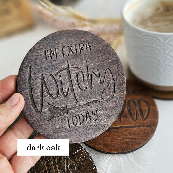 Witchy Halloween Coasters - Wooden Spooky Table Decor - Handmade Housewarming Gift Idea - Set of 4