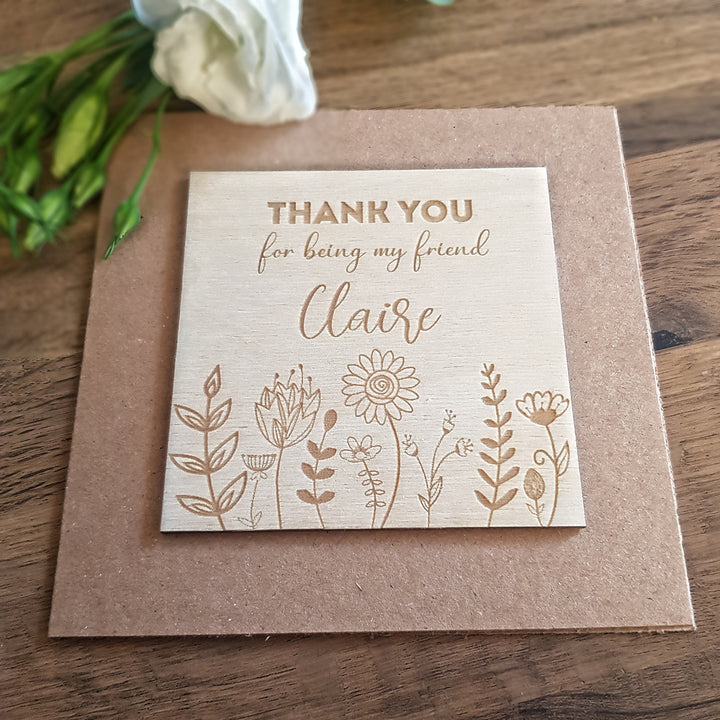Personalised Wooden Thank You Card for Friend – Floral Keepsake Plaque