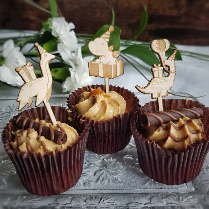 Dinosaurs Cupcake Toppers - Wooden Cake Decorations - Set of 6 or 12