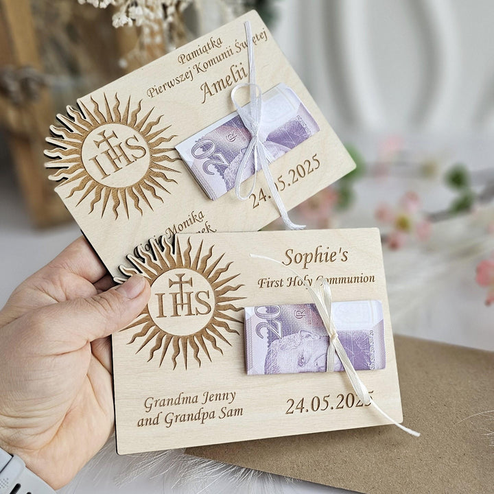 Personalised First Holy Communion Wooden Money Gift Keepsake IHS