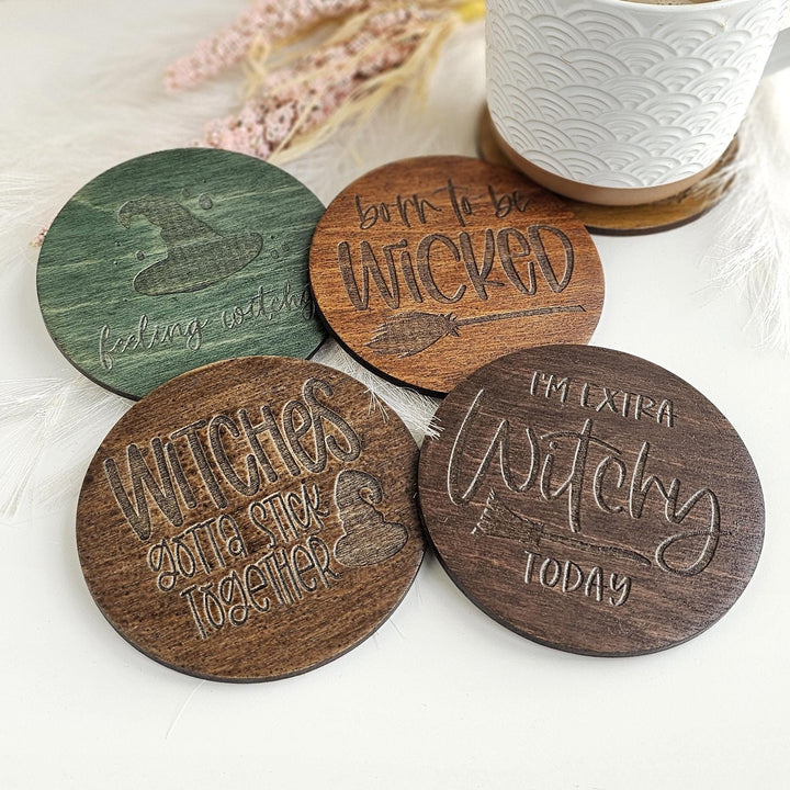 Witchy Halloween Coasters - Wooden Spooky Table Decor - Handmade Housewarming Gift Idea - Set of 4