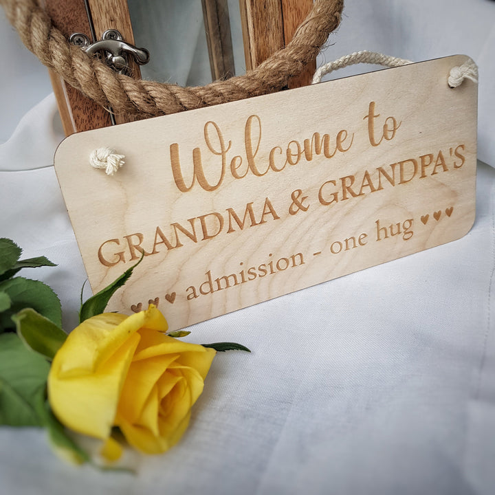 Grandma & Grandpa's Wooden Plaque - Personalised Rustic Hugs Admission Sign - Welcome to Grandparents House