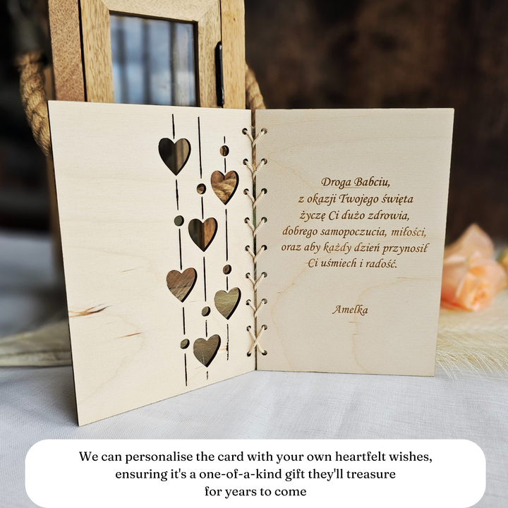 Personalised Grandmother's Day Card, Rustic Wooden Gift Keepsake, Kartka Prezent na Dzien Babci i Dziadka, Birthday Card Granny Grandma Mum