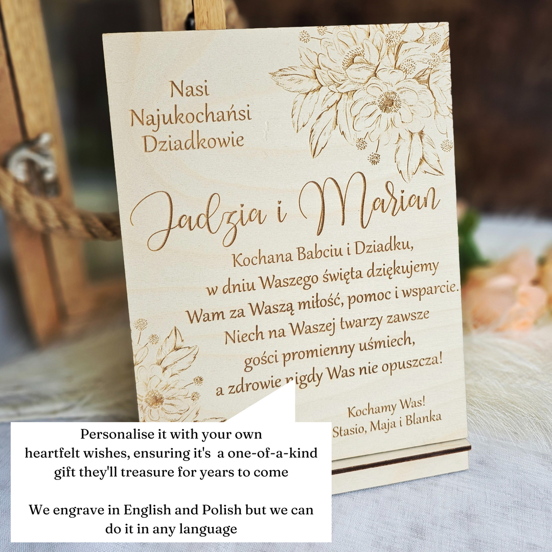 Rustic Wooden Polish Dzien Babci i Dziadka Sign Gift Keepsake with Personalised Wishes and Beautiful Flower Touch