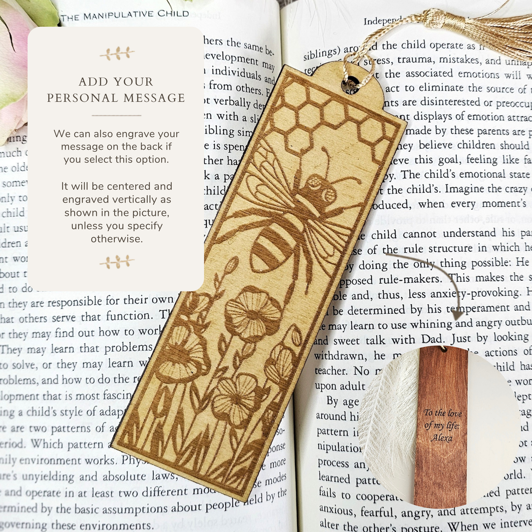 Personalised Bee Wooden Bookmark - Engraved Handmade Floral Bookmark Gift for Book Lovers