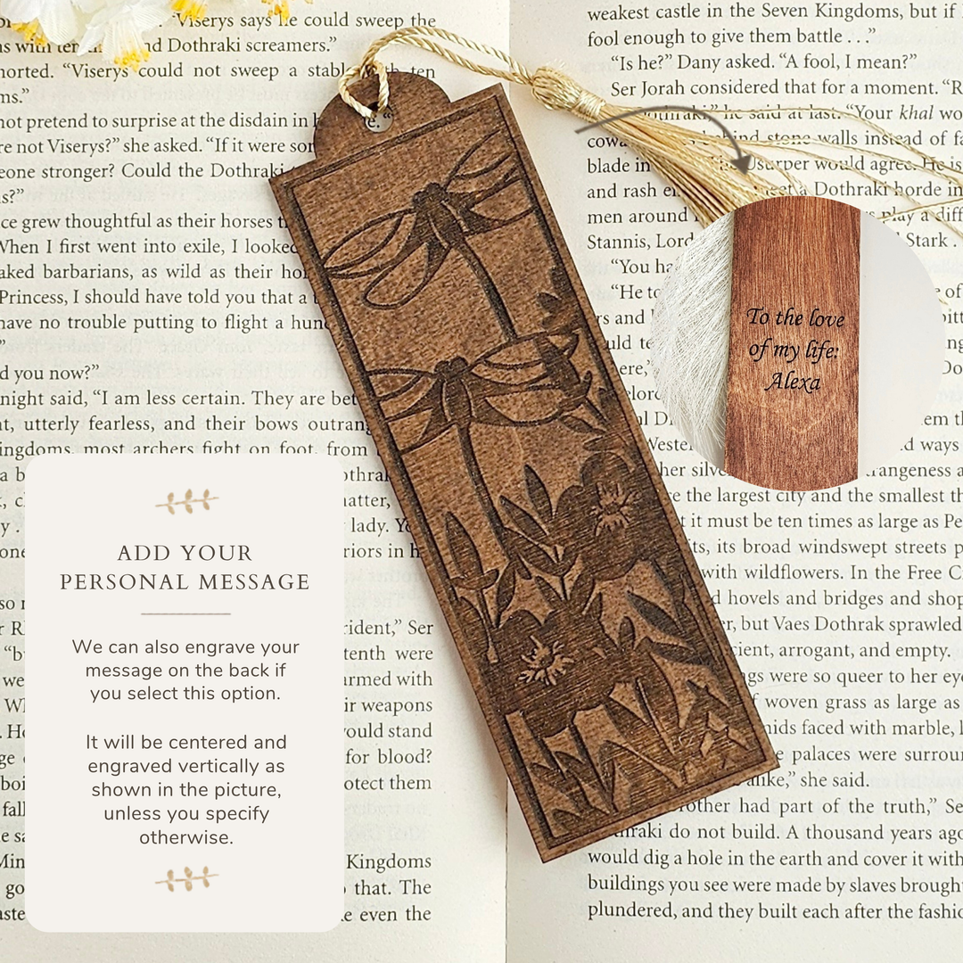 Personalised Dragonfly Wooden Bookmark – Engraved Handmade Gift for Book Lovers