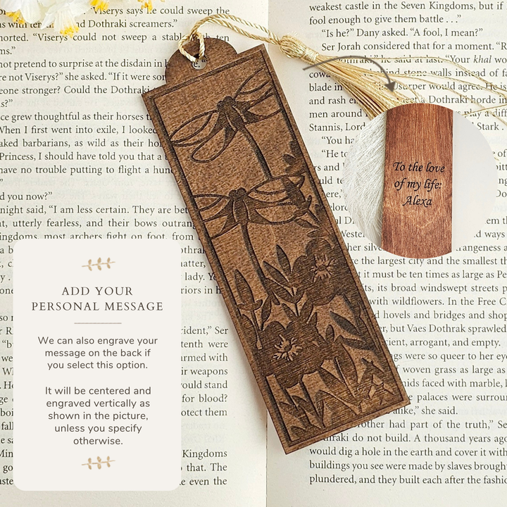 Personalised Dragonfly Wooden Bookmark – Engraved Handmade Gift for Book Lovers