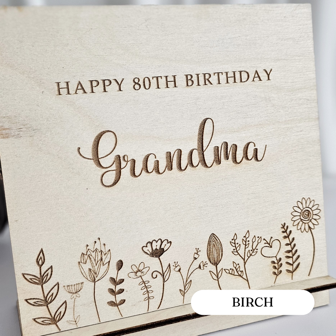 Birthday Wooden Card Floral Meadow, Personalised Standing Keepsake, Desk Decor Ornament