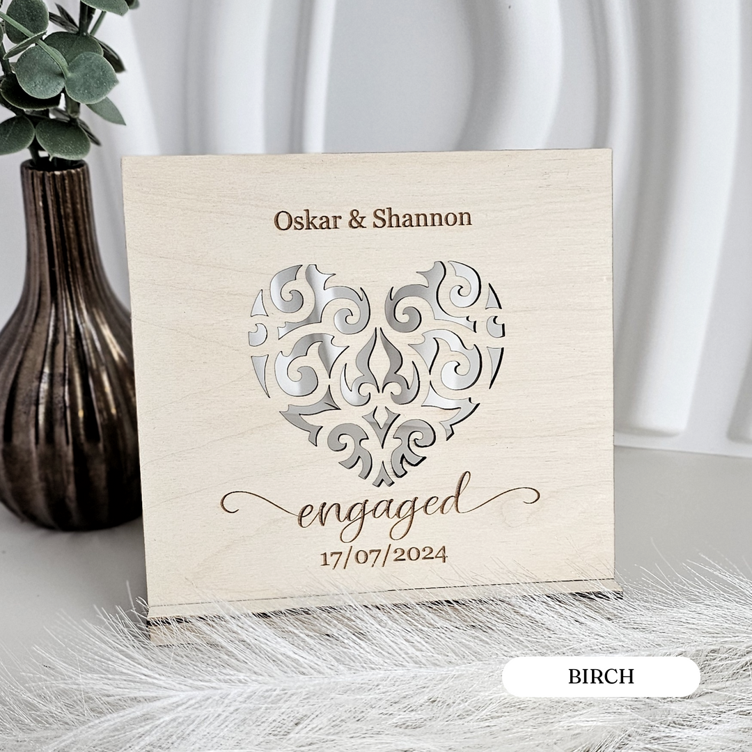 Engagement Heart Standing Card – Personalised Wooden Keepsake | Wedding, Anniversary, Valentine’s Day Gift