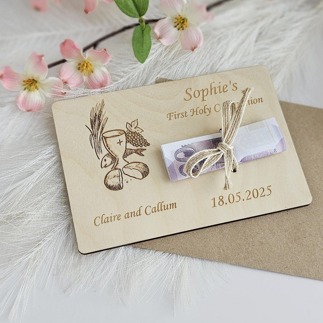 Personalised First Communion Wooden Money Card Keepsake Gift - Chalice
