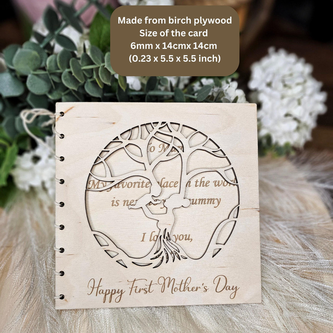 Personalised First Mother's Day Wooden Card with Mother and Baby Tree cutout - Gift for Mom, Mum, Grandmother, Nanny, Grandma, Granny