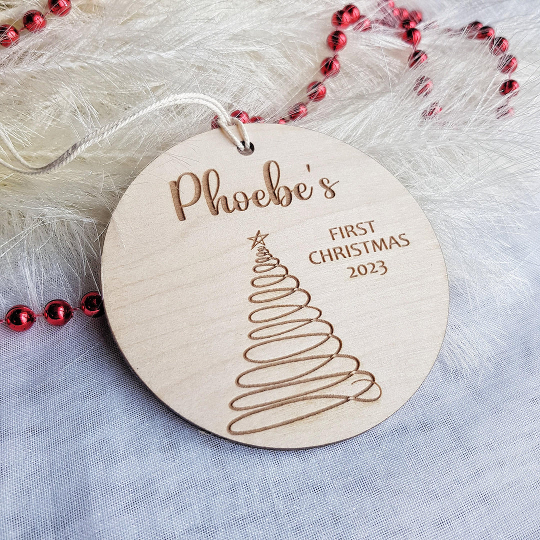 Personalised Round Wooden Ornament - Babys First Christmas Tree Bauble with Rustic Modern Design