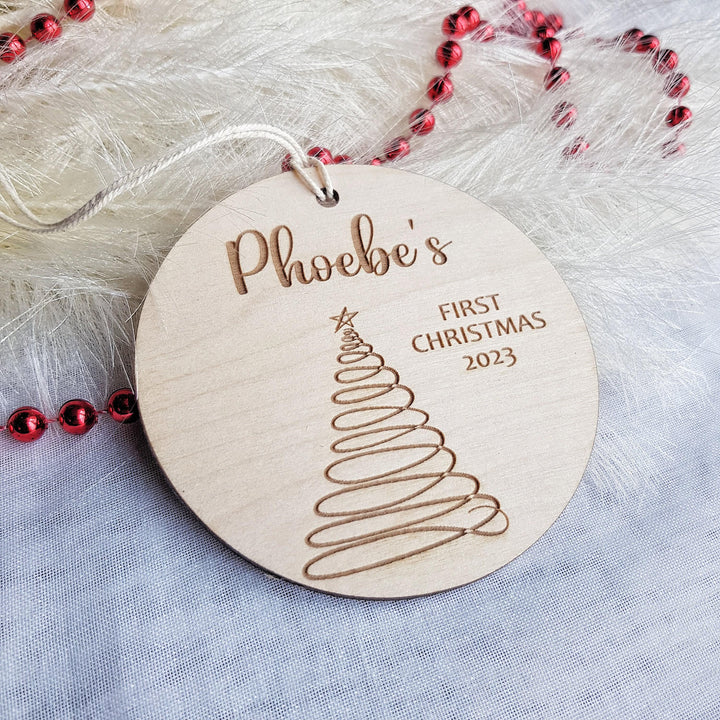 Personalised Round Wooden Ornament - Babys First Christmas Tree Bauble with Rustic Modern Design