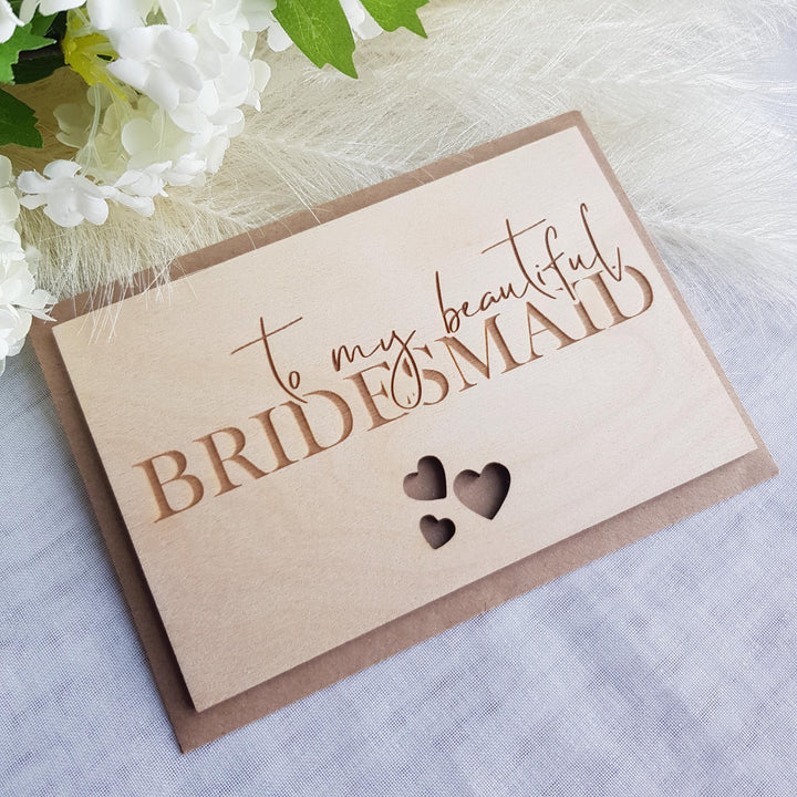 Bridesmaid Thank You Card, Personalised Wooden Gift - Rustic Three Hearts Keepsake for Maid of Honour & Bride Squad