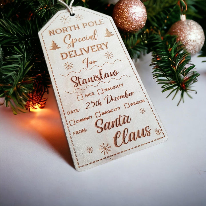Personalised Wooden Stocking Tag - Santa North Pole Delivery Gift
