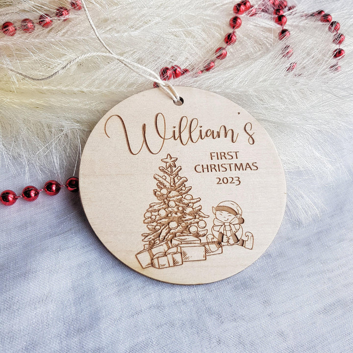 Personalised Babys First Christmas Tree Bauble - Round Wooden Ornament with Name and Festive Design