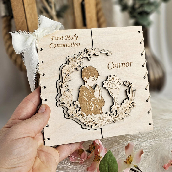 First Holy Communion Wooden Card – Personalised Engraved Polish Keepsake for Girl