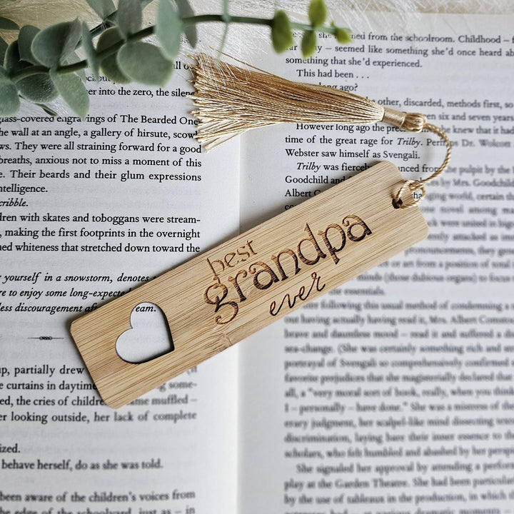 Personalised Wooden Bookmark – Eco Friendly Bamboo Gift for Grandfather with Golden Tassel
