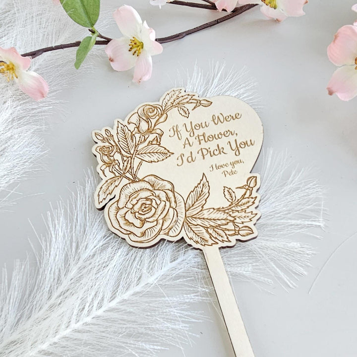 Personalised Plant Gift Tag – Rose Heart Wooden Stake for Birthday & Mother's Day