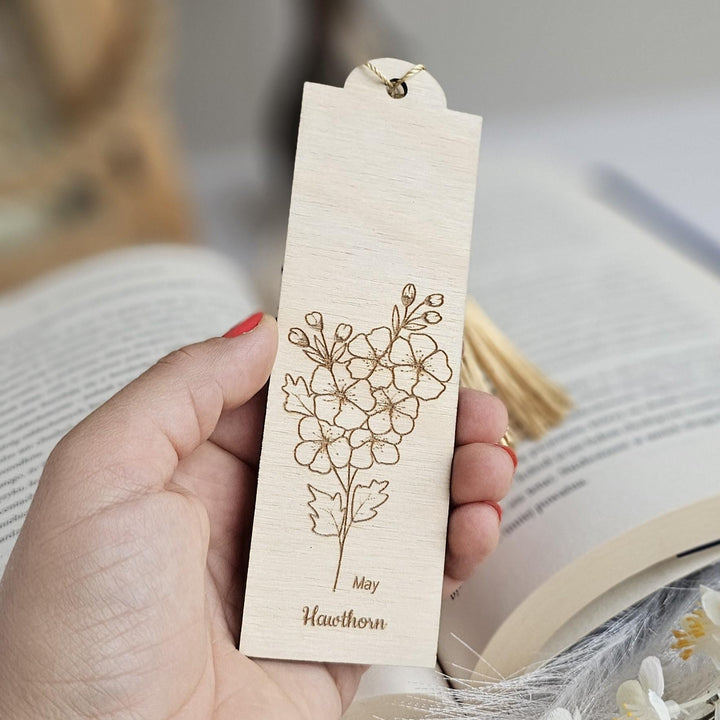 Birth Flower Bookmark May Hawthorn - Personalised Wooden Gift for Book Lovers