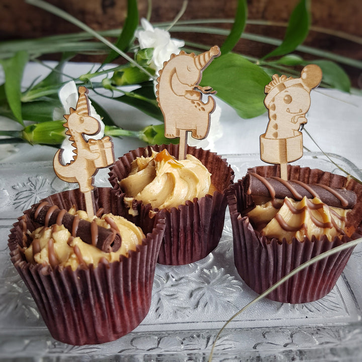 Dinosaurs Cupcake Toppers - Wooden Cake Decorations - Set of 6 or 12