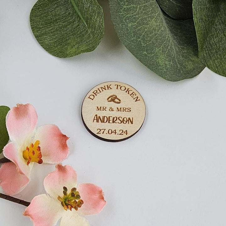 Wooden Drink Tokens – Personalised Engraved Bar Vouchers for Weddings & Parties