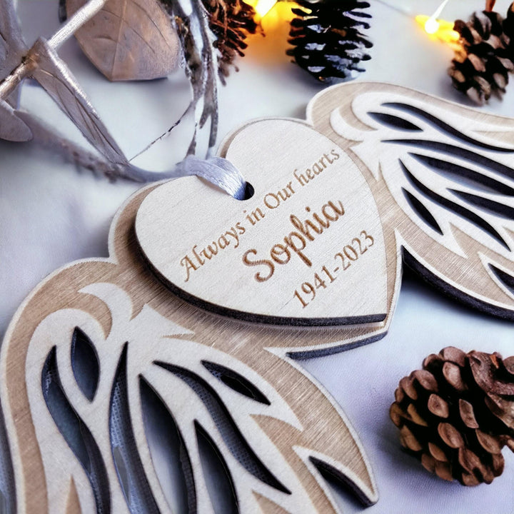 Personalised Memorial Angel Wings Bauble - Custom Wooden Christmas Decoration