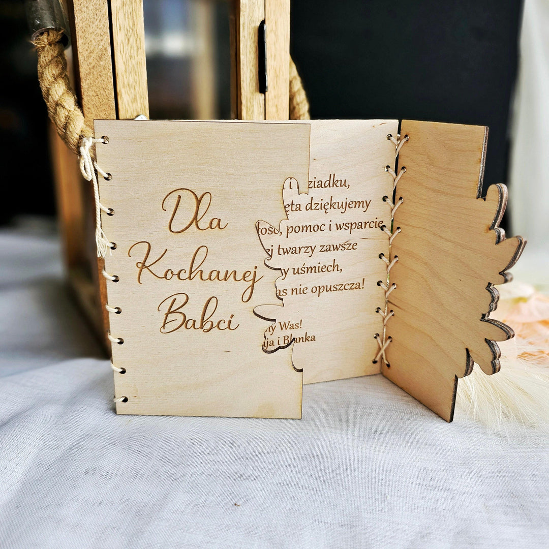 Personalised Rustic Wooden Folding Card Keepsake for Polish Grandmother's Day - Kartka Prezent na Dzien Babci i Dziadka