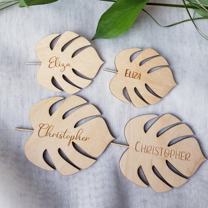 Wooden Monstera Leaf Name Place Setting - Rustic Table Cards for Weddings, Family Gatherings, Parties, Thanksgiving Dinner and Events