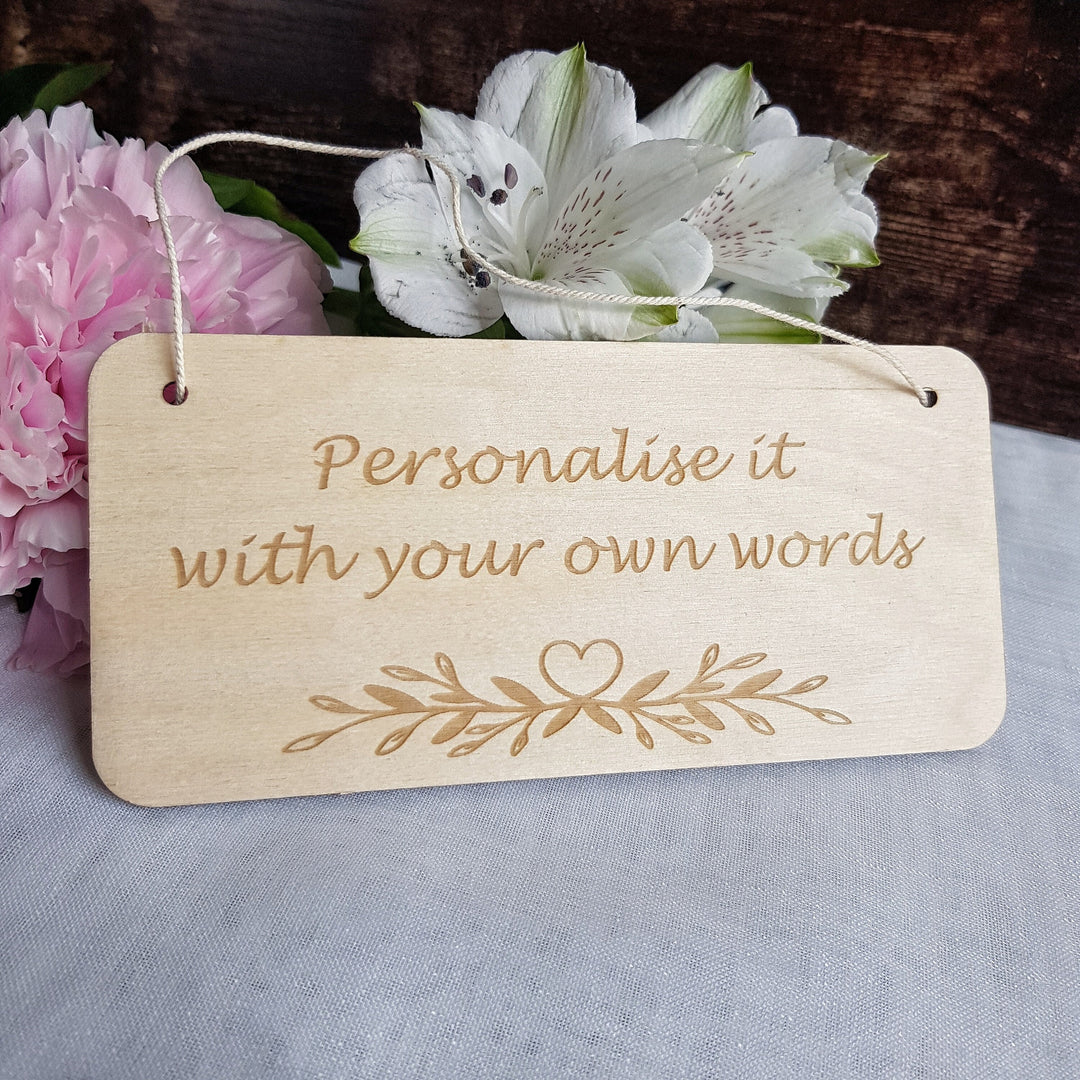 Personalised Rustic Wooden Plaque - Leaves Heart Design - Bedroom Doors, Offices