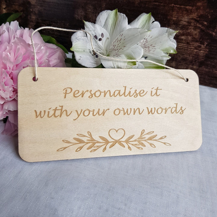 Personalised Rustic Wooden Plaque - Leaves Heart Design - Bedroom Doors, Offices