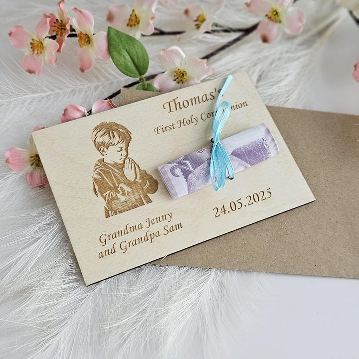 Personalised First Holy Communion Wooden Money Card - Praying Boy