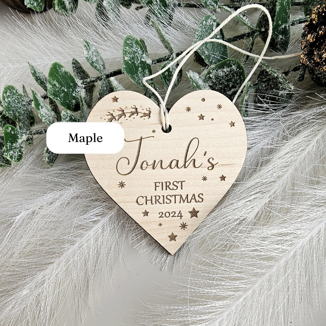 Personalised Baby's First Christmas Tree Bauble - Wooden Keepsake with Santa Sleigh - Custom Name Ornament - Heart Ornament