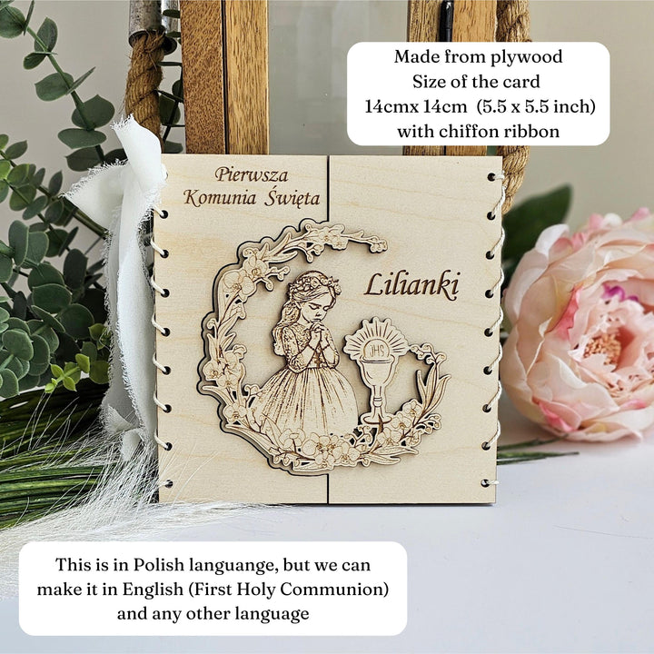 First Holy Communion Wooden Card – Personalised Engraved Polish Keepsake for Girl