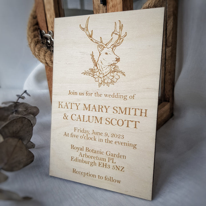 Personalised Rustic Wooden Wedding Invitation - Deer Design - Birthday Anniversary Baptism Christening Confirmation Party Dinner Invite