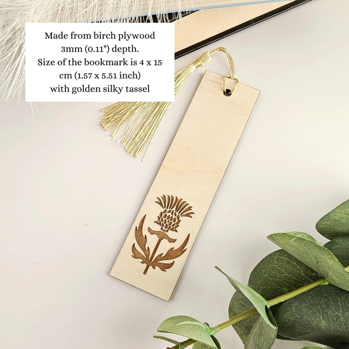 Personalised Wooden Bookmark – Custom Engraved Scottish Thistle Design Gift