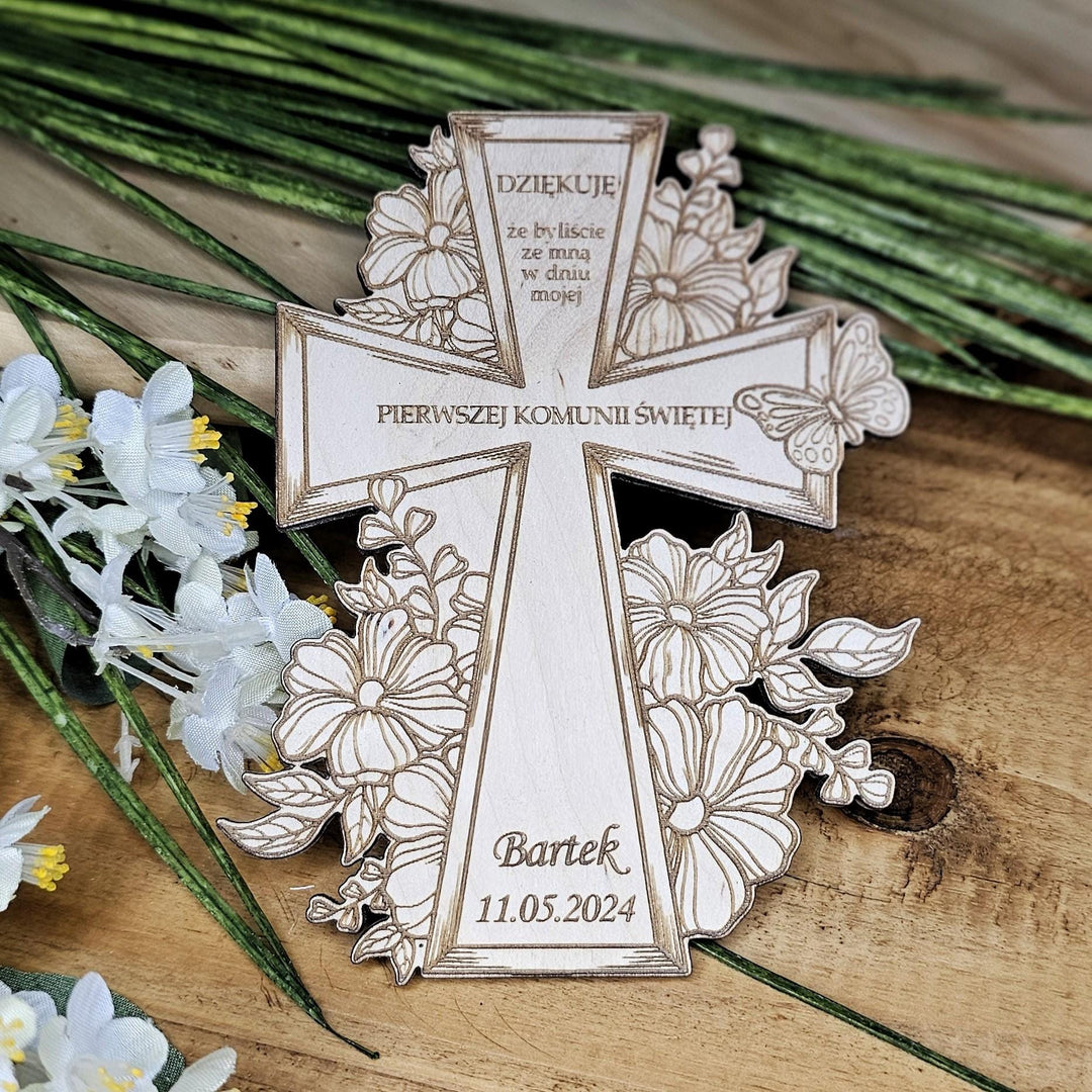 Personalised First Holy Communion Floral Cross Magnet - Thank You Wooden Gift - Baptism Christening Naming Ceremony Confirmation Favours