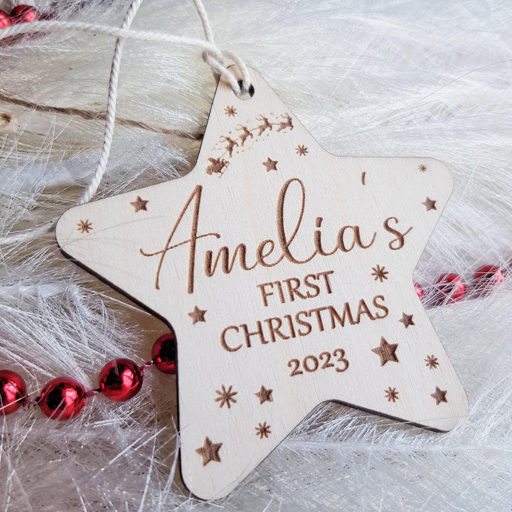 Personalised Baby's First Christmas Tree Bauble - Wooden Keepsake with Santa Sleigh - Custom Name Ornament - Star Ornament